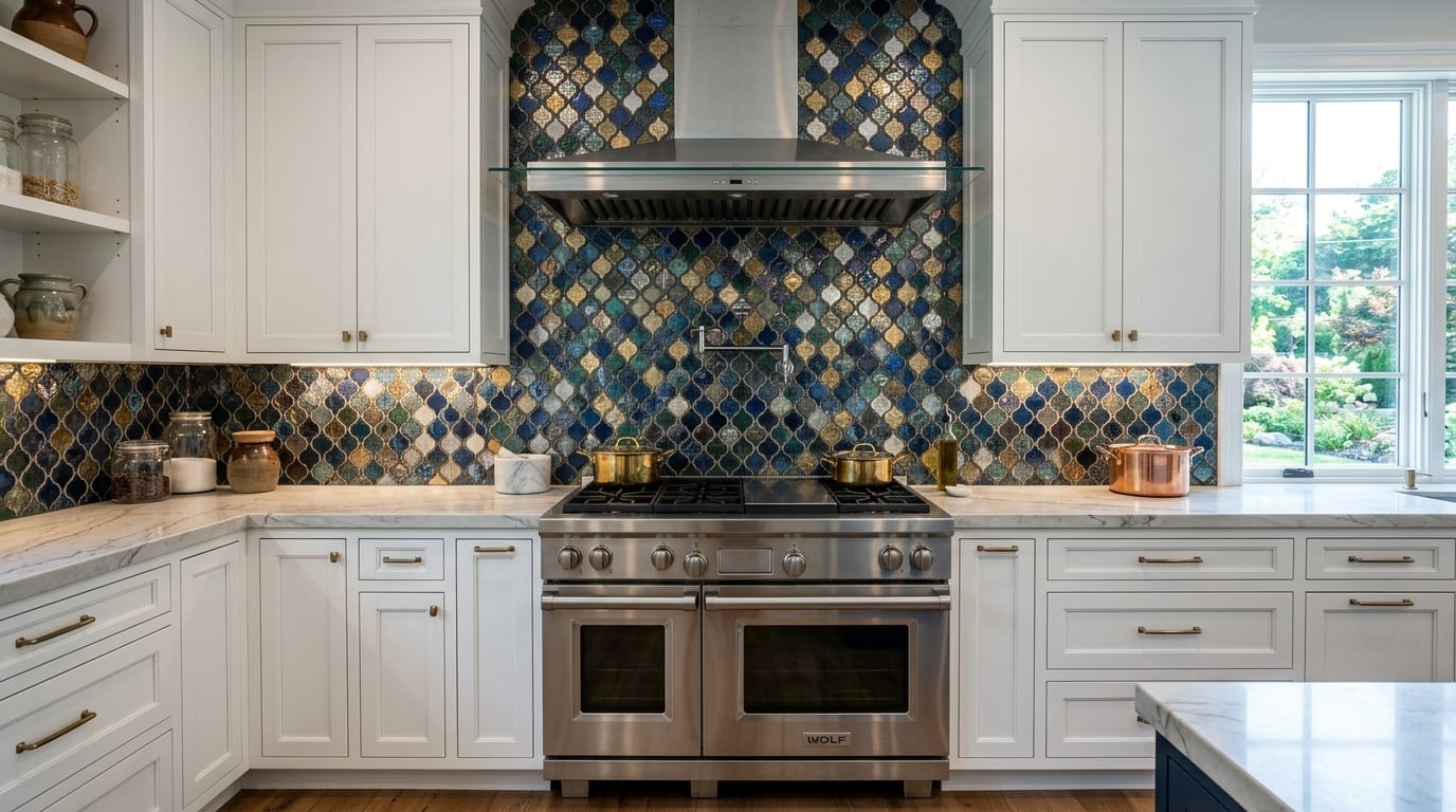 Luxury kitchen backsplash with intricate mosaic tile pattern