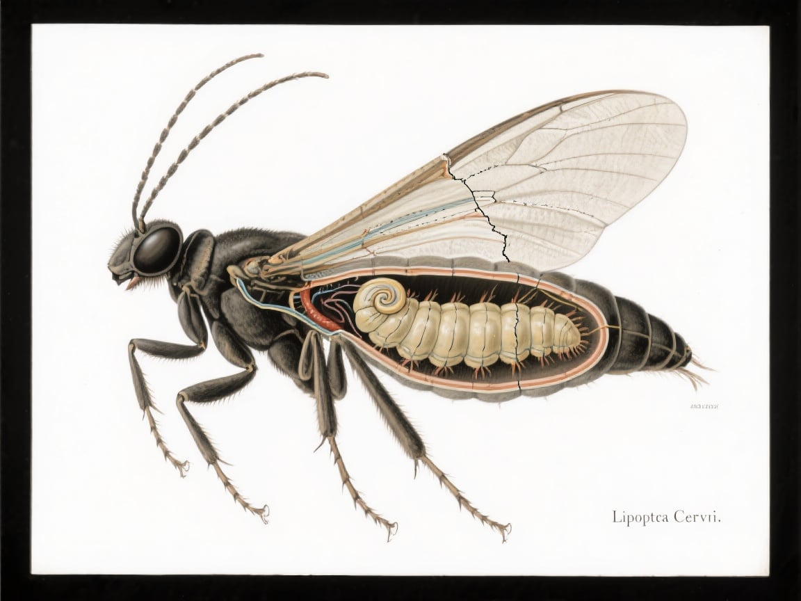 Vitenskapelig illustrasjon av en hunn hjortelusflue med larveutvikling inne i kroppen