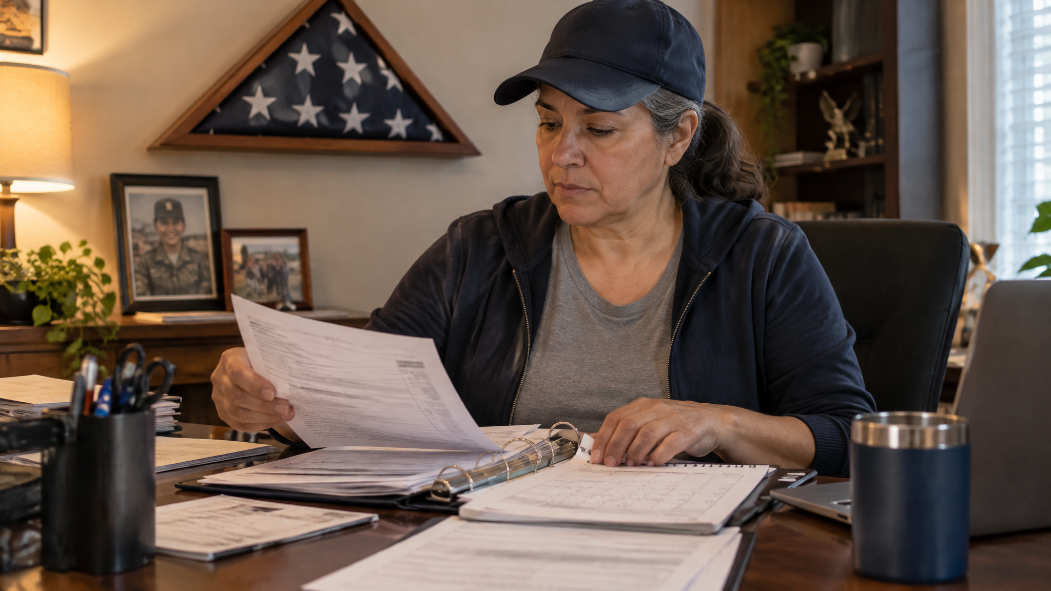 A woman veteran in her veteran cap arranging medical records into a binder beside her flag shadow box