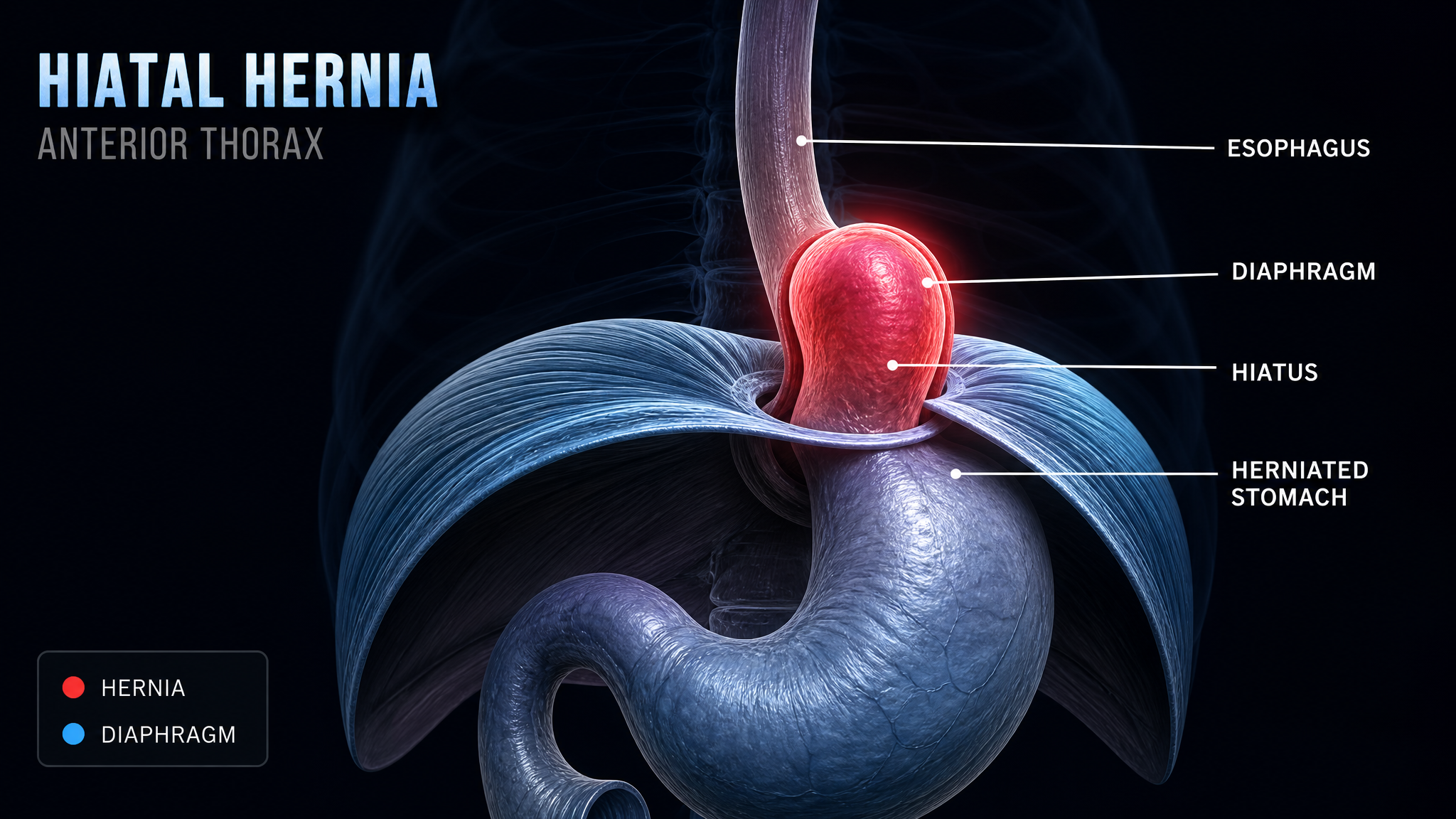Anatomical diagram of a hiatal hernia showing the stomach protruding through the diaphragm hiatus