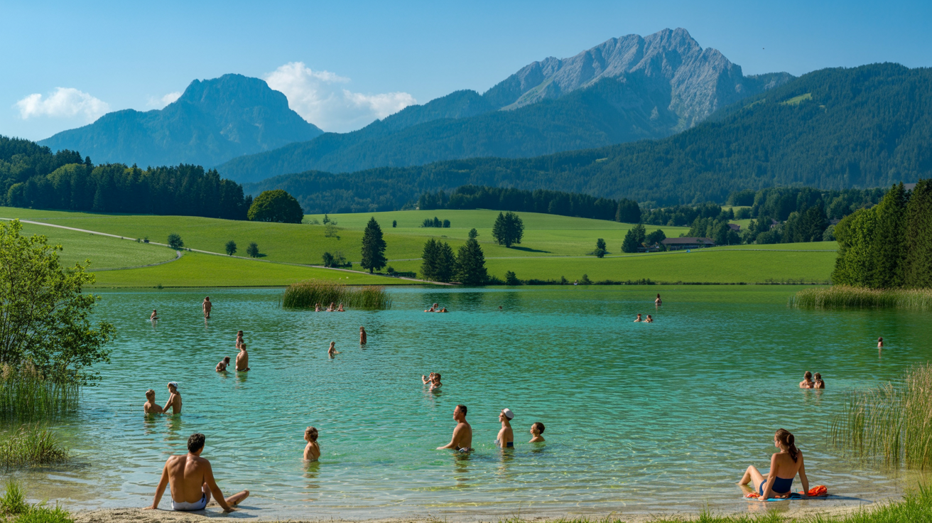 Mittersee bei Hopfen am See - Kleiner Badesee mit exzellenter Wasserqualität und Blick auf die Alpen im Allgäu