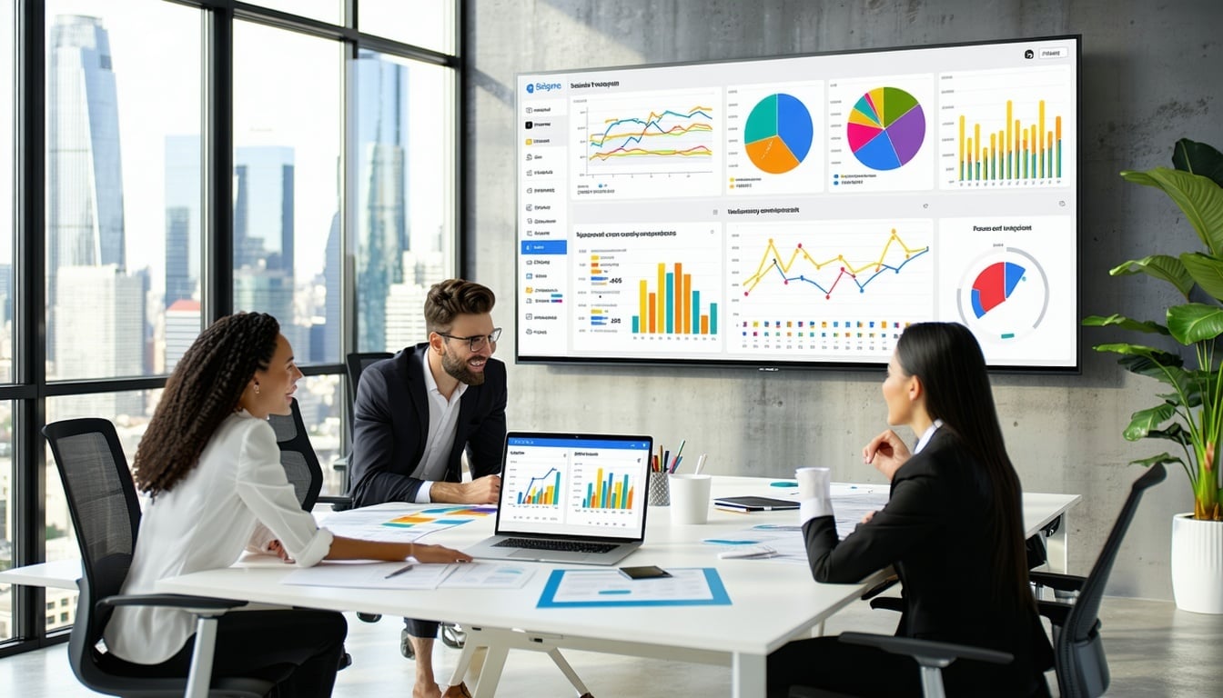 Business team reviewing Microsoft dashboard and analytics