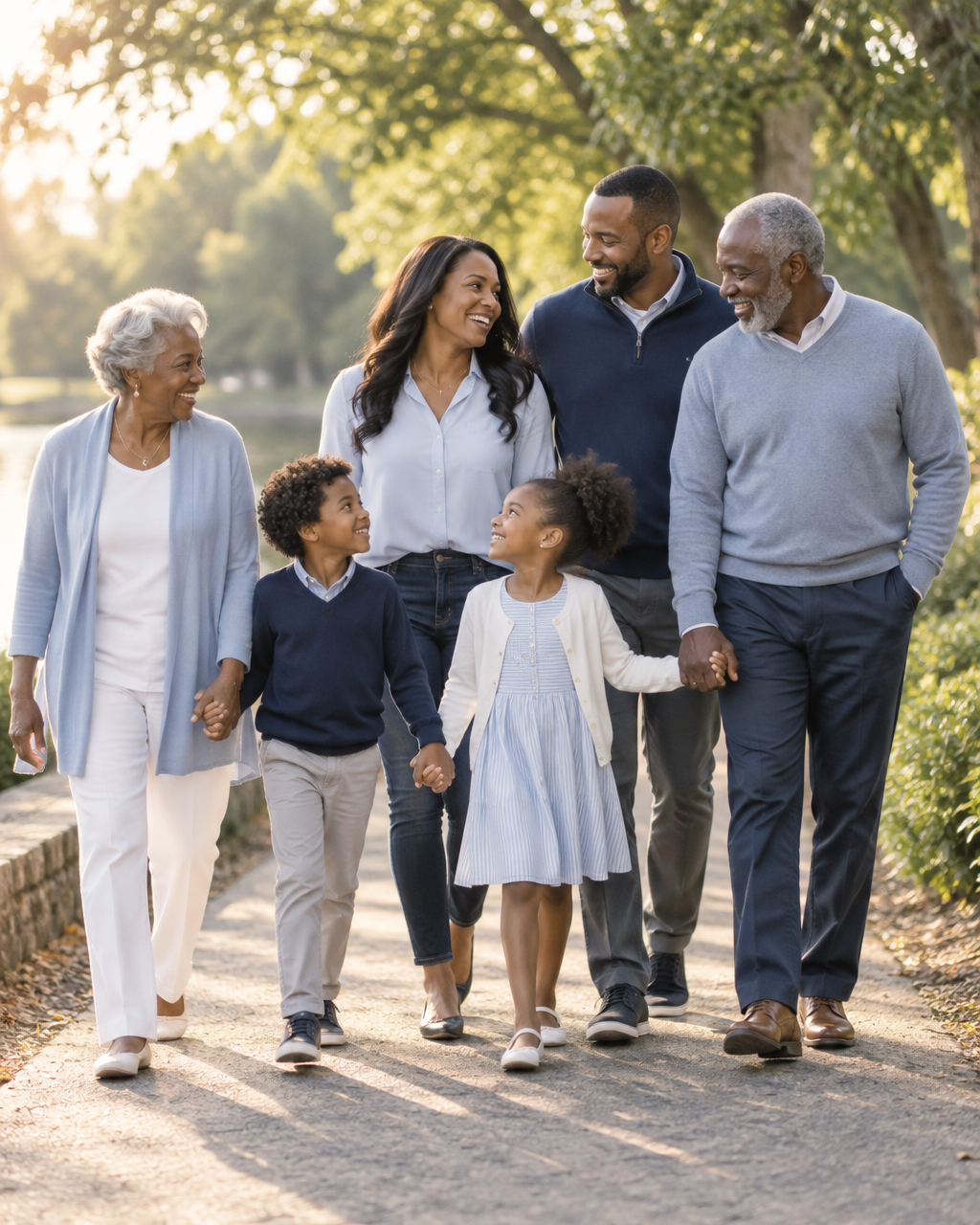 AI-generated illustration of a multigenerational African American family walking together outdoors; not actual Omni patients