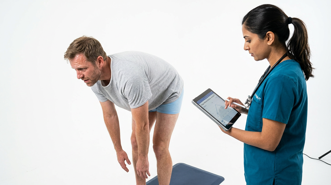 Patient repeating a trunk forward-bend a third time with visible fatigue while a clinician records progressive loss