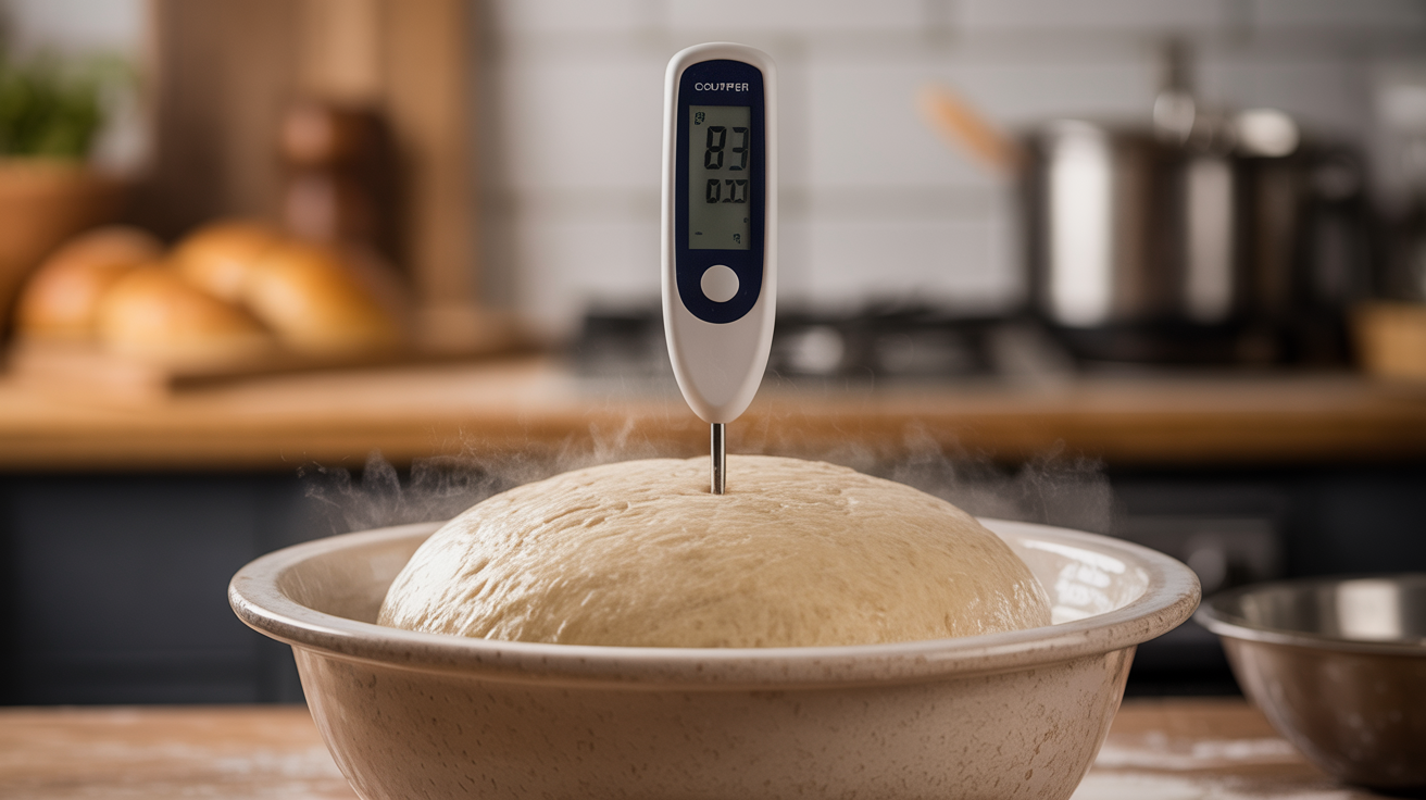 Digital probe thermometer inserted into fresh sourdough dough in mixing bowl