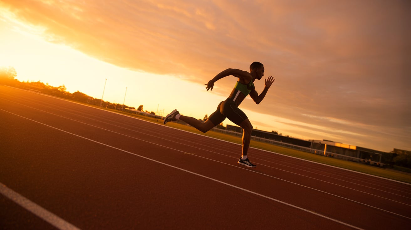 Atleet rennend op een atletiekbaan bij zonsondergang