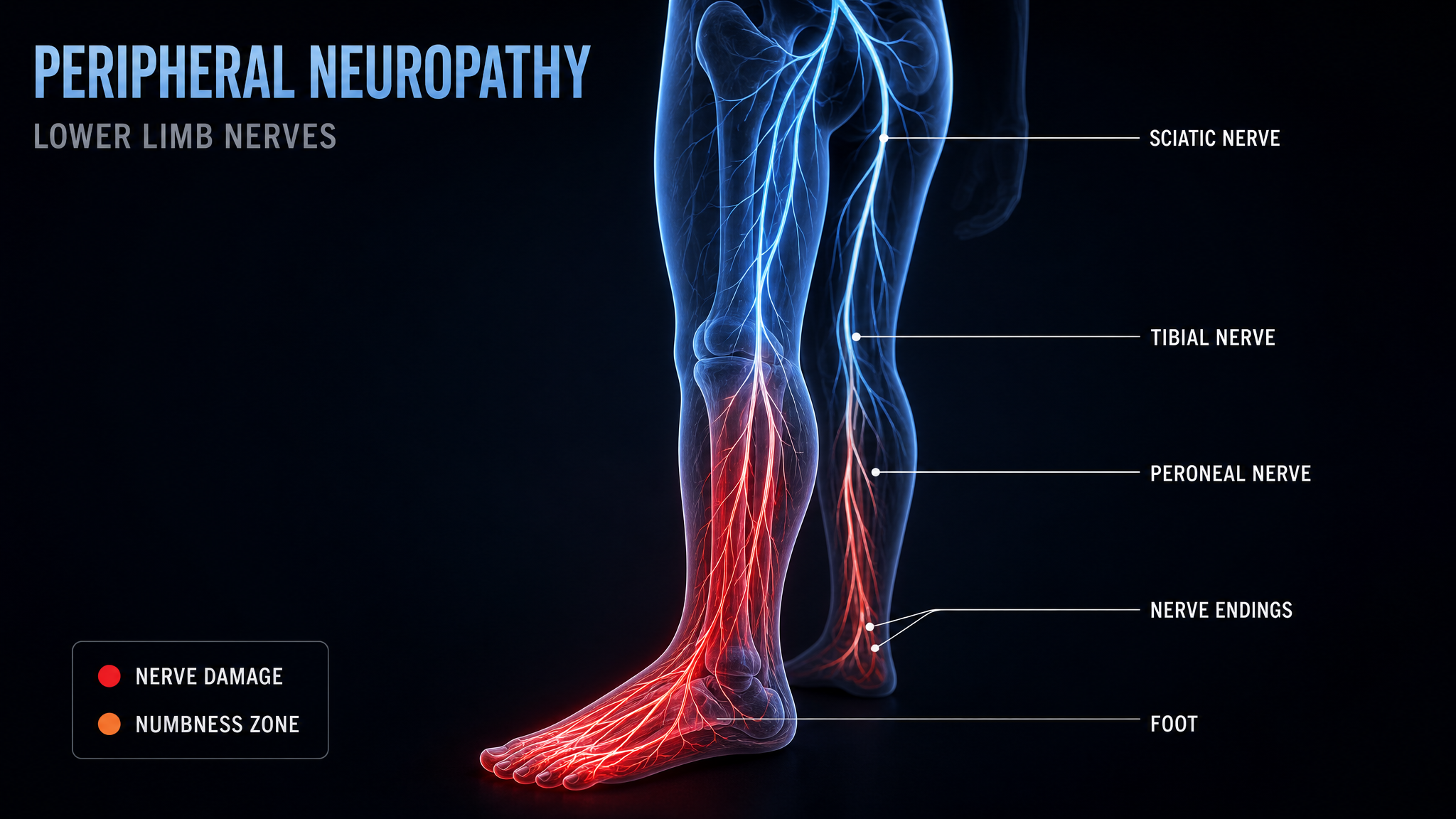 Lower limb nerve diagram showing damaged distal nerves in peripheral neuropathy