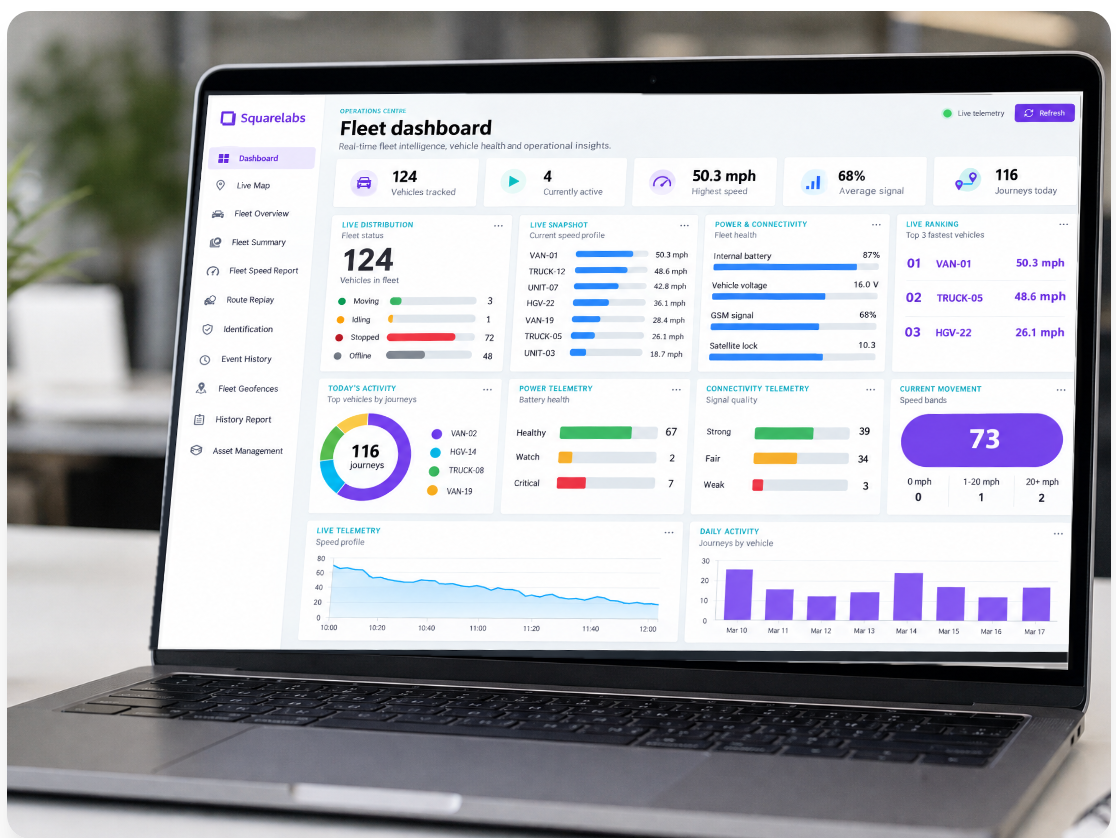 Squarelabs fleet analytics dashboard shown on a laptop