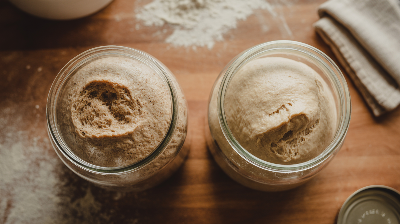 Two glass jars side by side showing mature mother starter and fresh rising levain on wooden counter