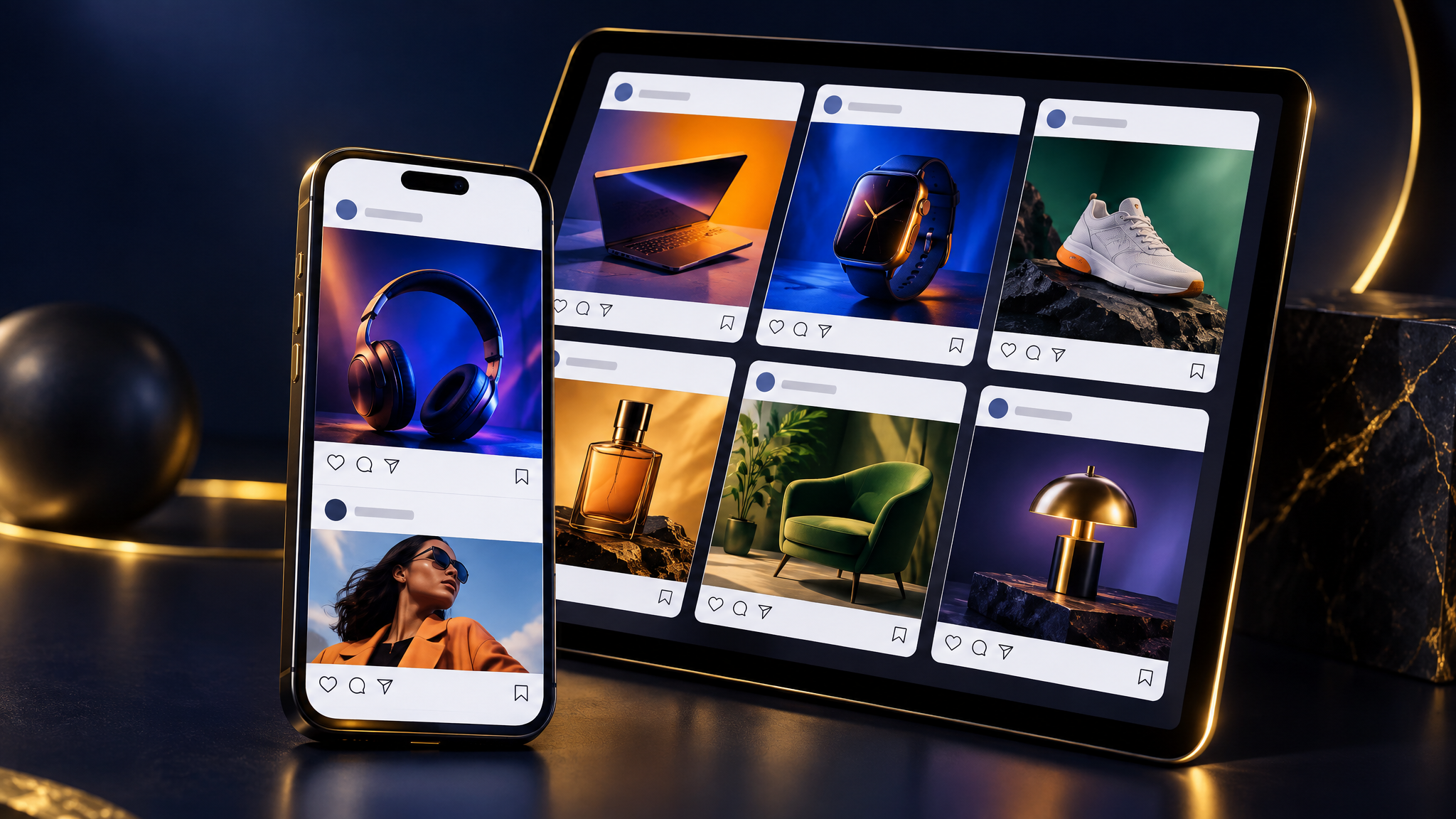 Social media ad banners on phone and tablet