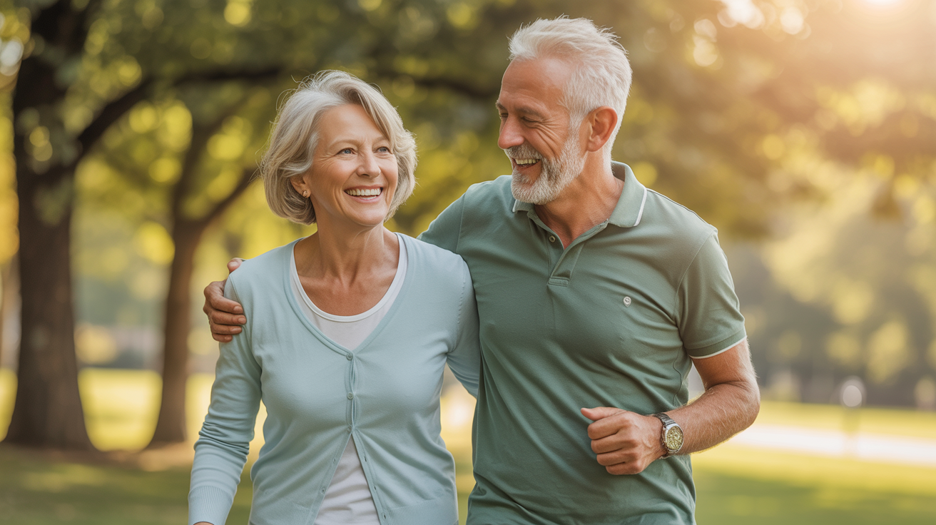 Happy elderly couple walking pain-free outdoors after finding joint pain relief solutions
