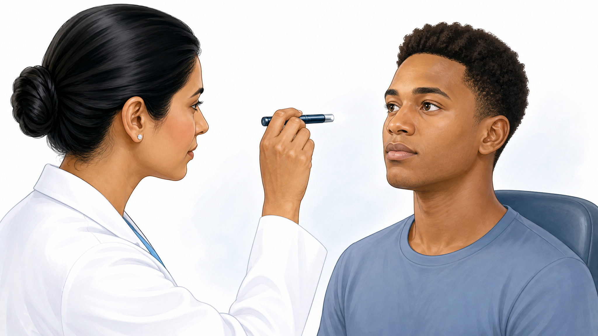Illustration of a clinician using a penlight to check a seated patient’s eye movements