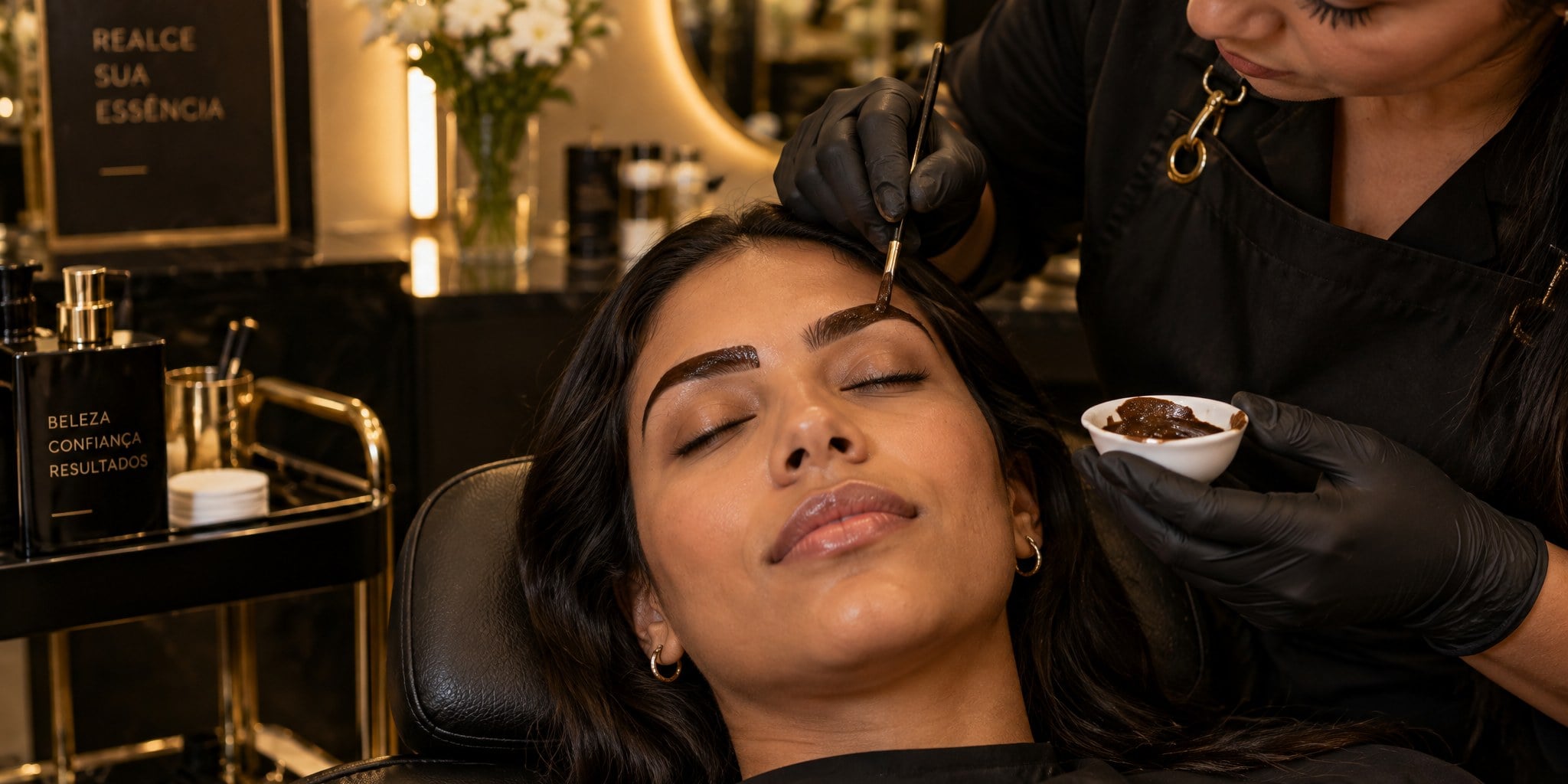 Aplicação de henna marrom nas sobrancelhas com pincel em cliente em salão de Sorocaba