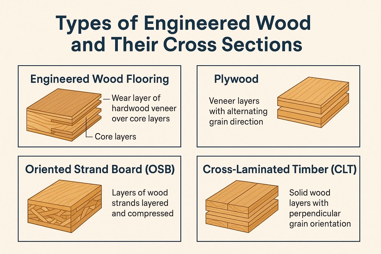 Cross-section of engineered wood composite showing layered microstructure and fiber orientation