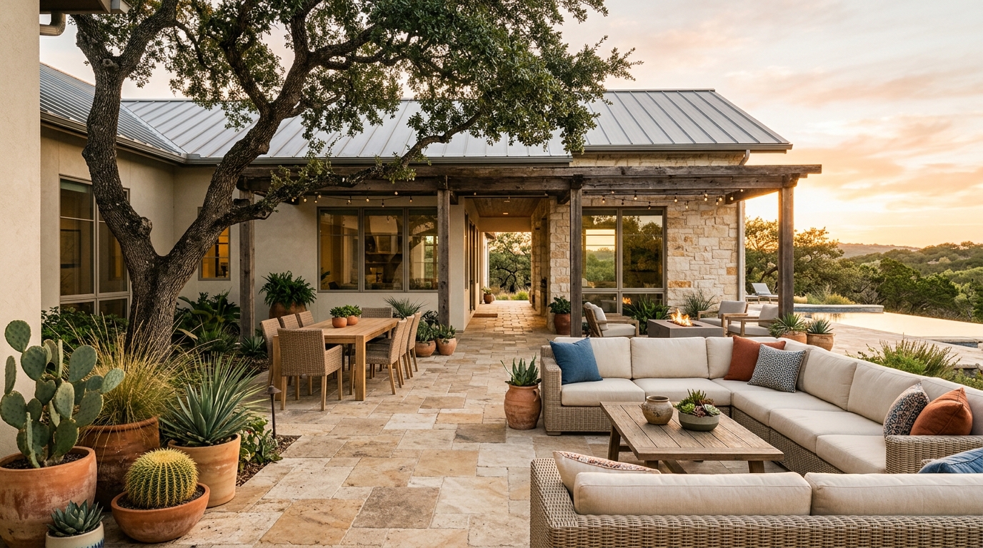 Austin TX outdoor patio with natural stone tile