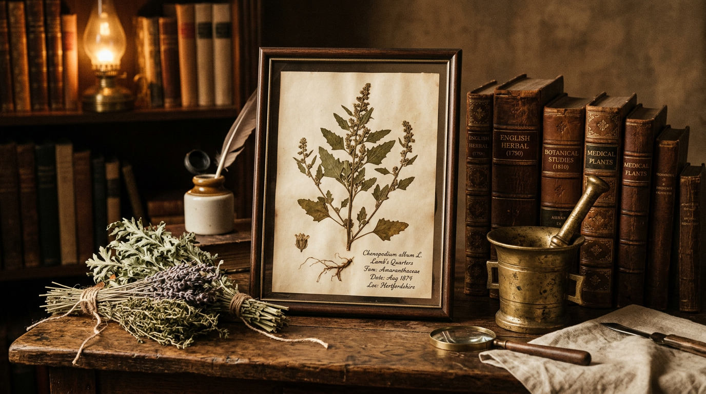 Vintage botanical still life with lamb's quarters specimen, old books, and mortar and pestle