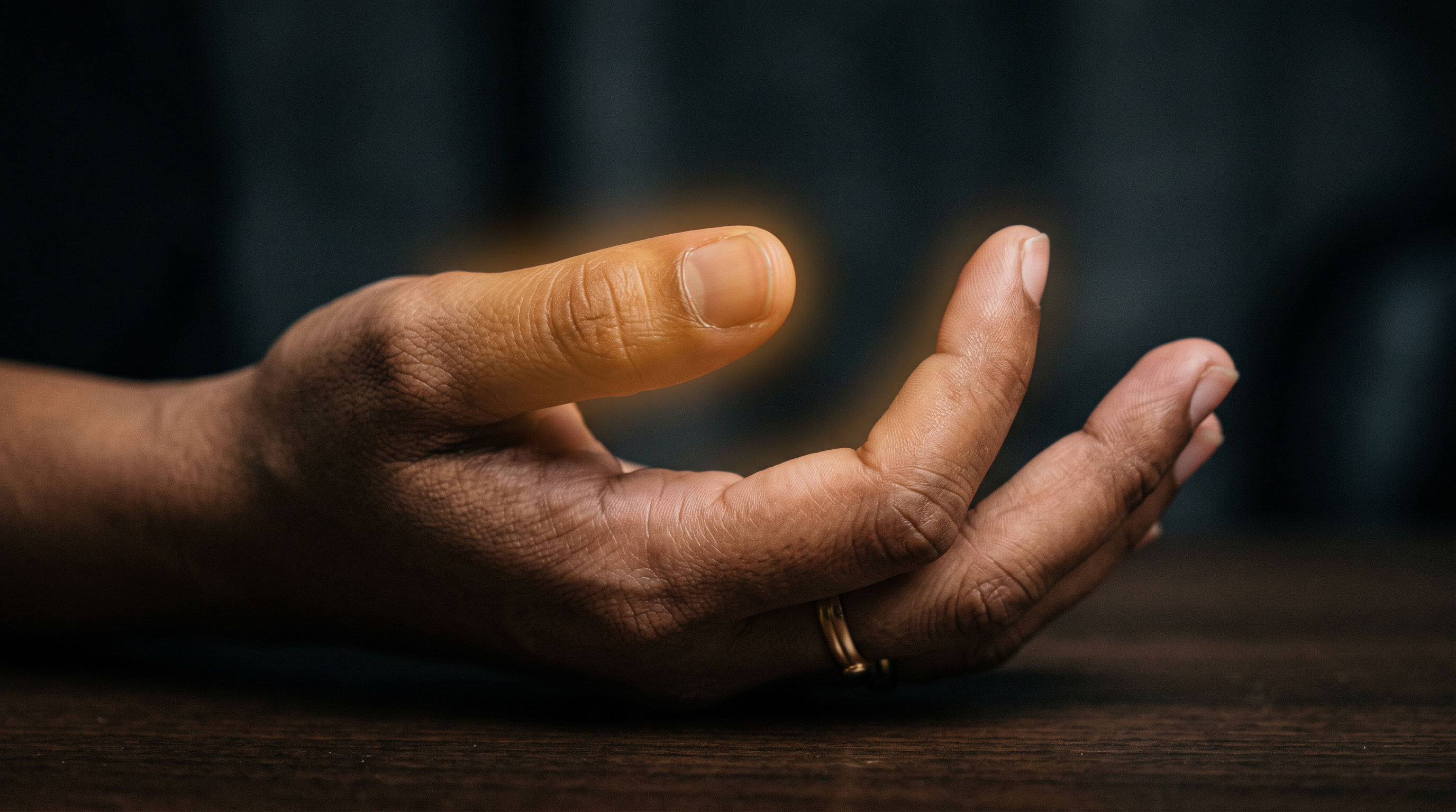 Close-up of a South Asian woman's hand with the thumb and index finger highlighted in amber to show a C6 dermatome numbness pattern