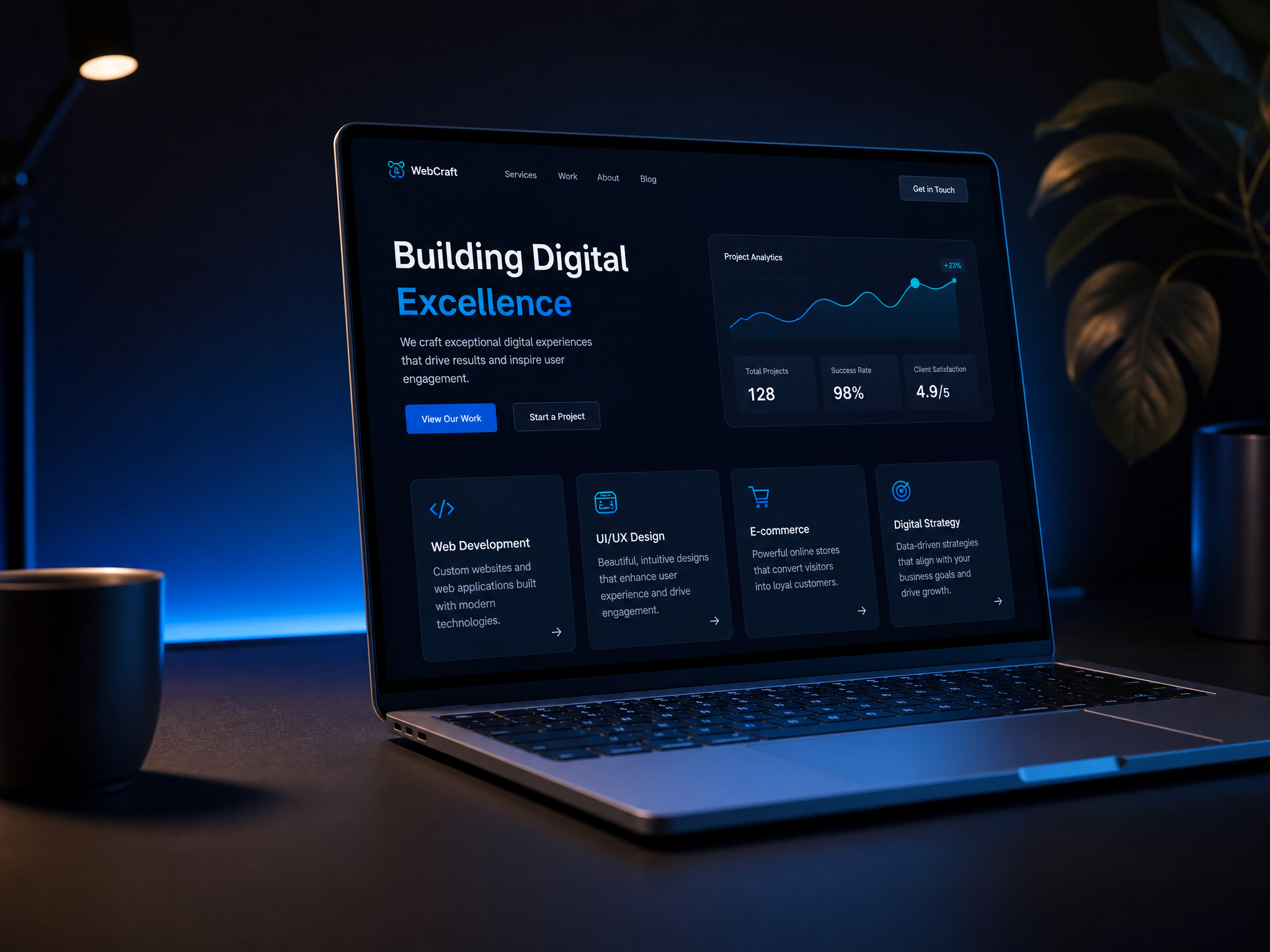 Modern sophisticated website interface displayed on premium laptop