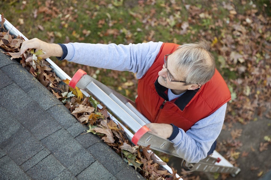 Clearing leaves from gutters