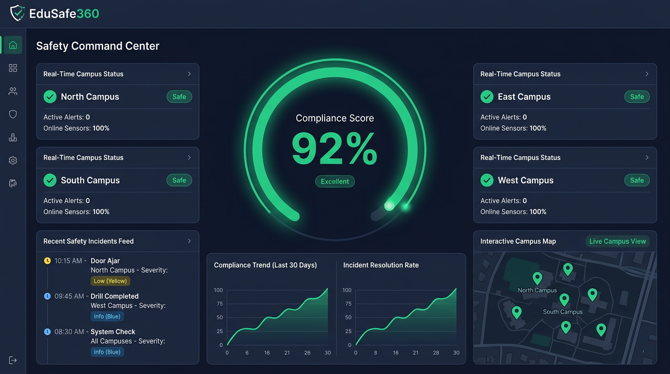 EduSafe360™ Safety Command Center showing real-time compliance dashboard