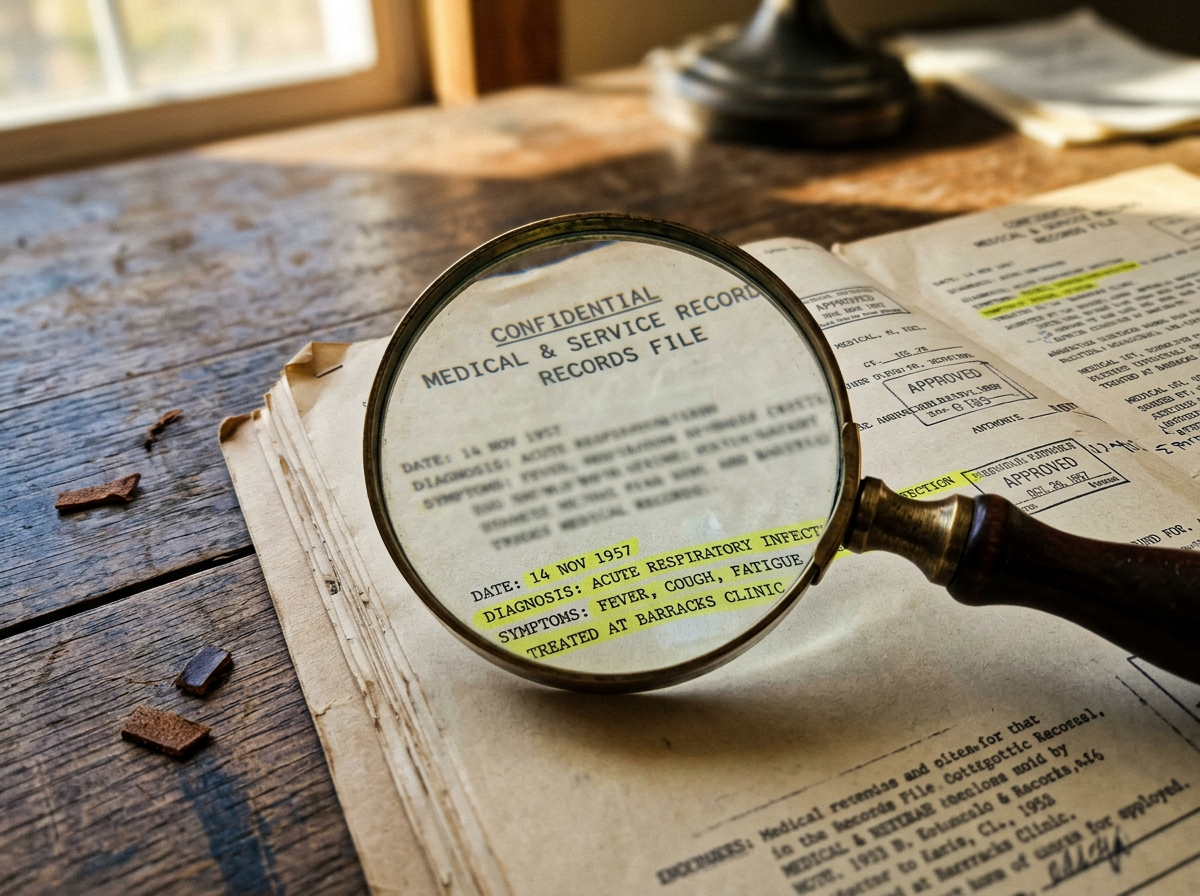 Magnifying glass held over a veteran's service and medical records
