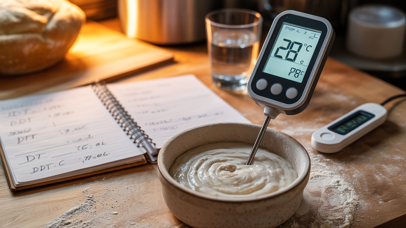 Instant-read thermometer in sourdough bowl with DDT calculations notebook and glass of water