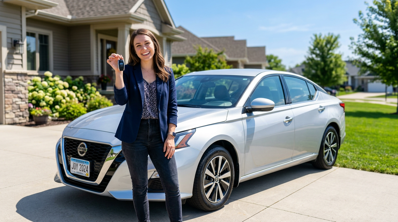 Happy driver holding car keys beside a new car in bright daylight