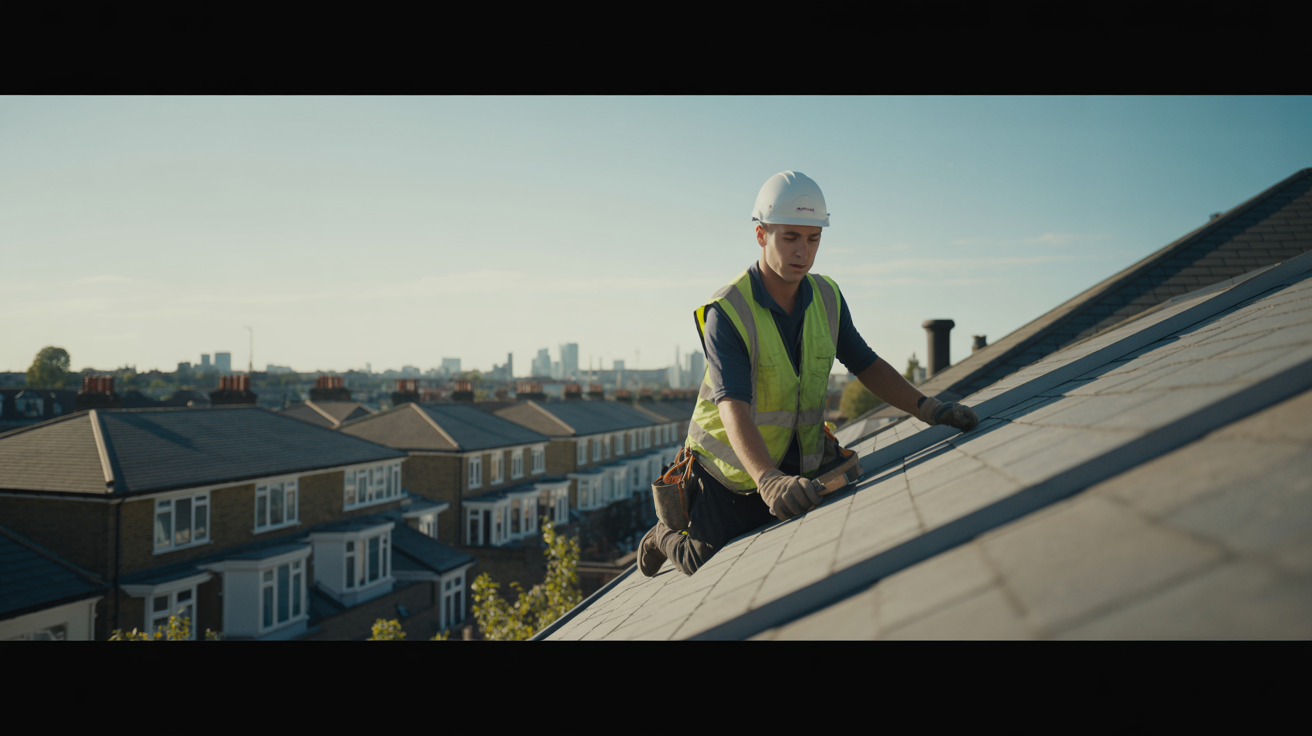 Professional roofer working on London rooftop