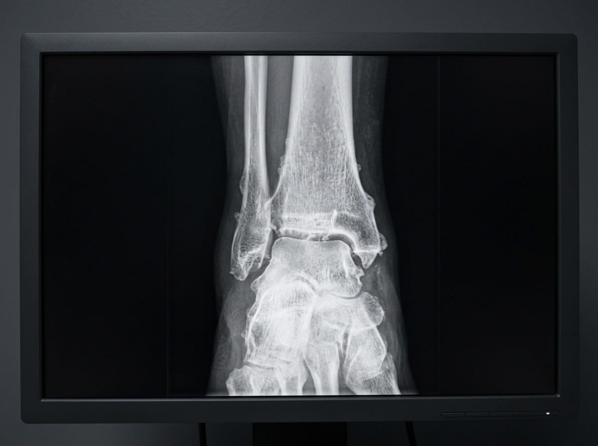 An ankle X-ray displayed on a dark medical monitor showing joint space narrowing and osteophyte formation consistent with degenerative arthritis