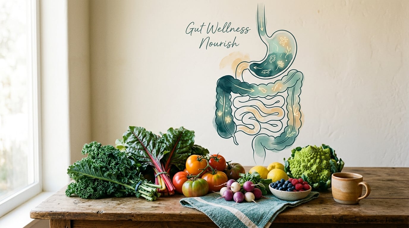 Illustration of the digestive system with fresh foods, showing the link between diet and gut health