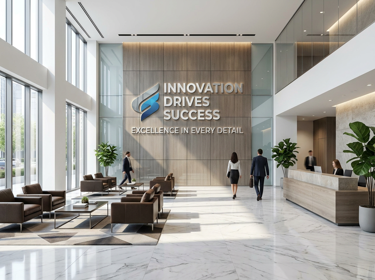 Corporate Branding und Firmenlogo als Wanddruck in Bürolobby