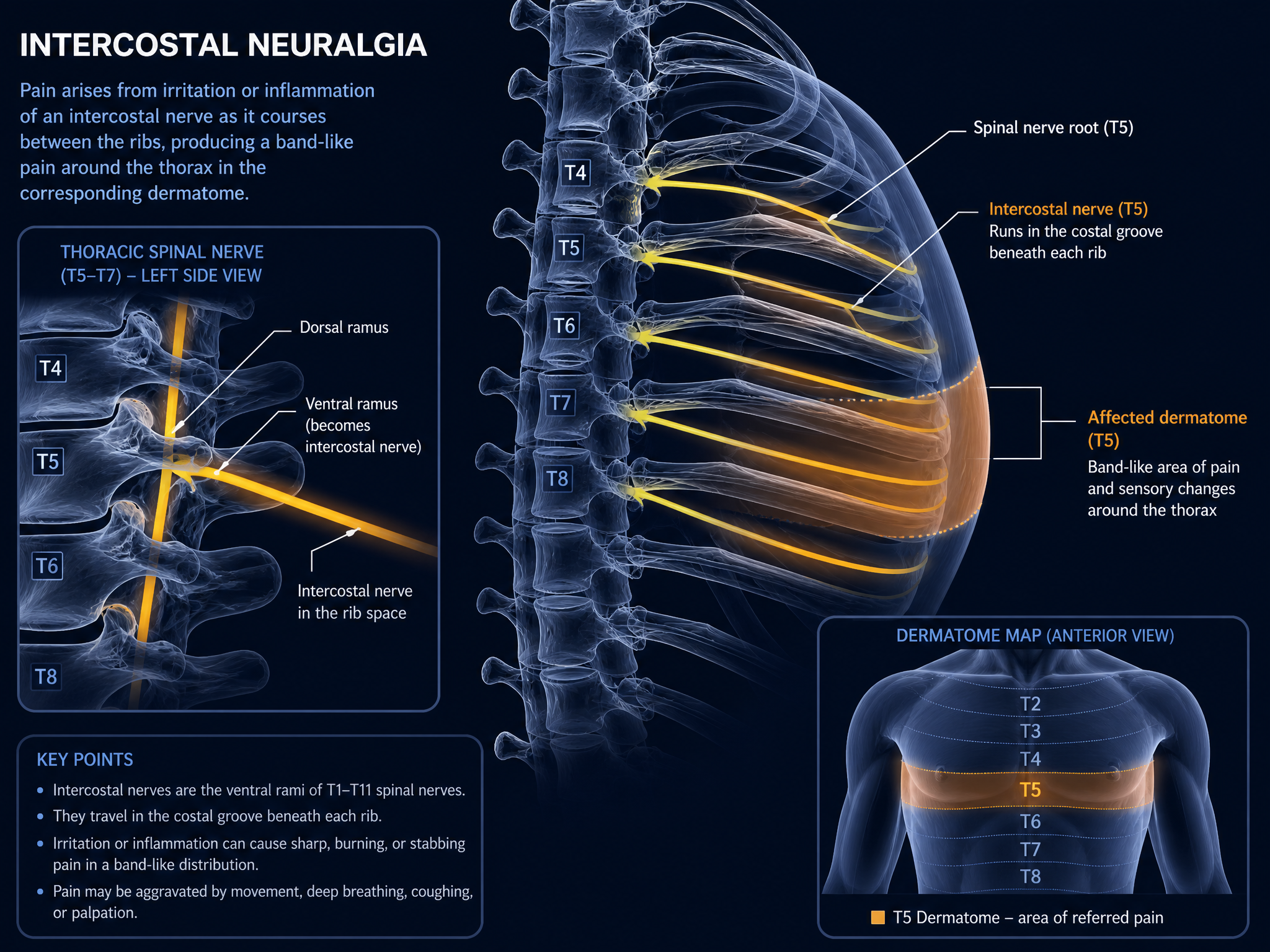 Dark labeled teaching diagram, posterior and oblique view, of a thoracic nerve root exiting the spine and becoming an intercostal nerve that wraps around the rib cage, with the painful band highlighted