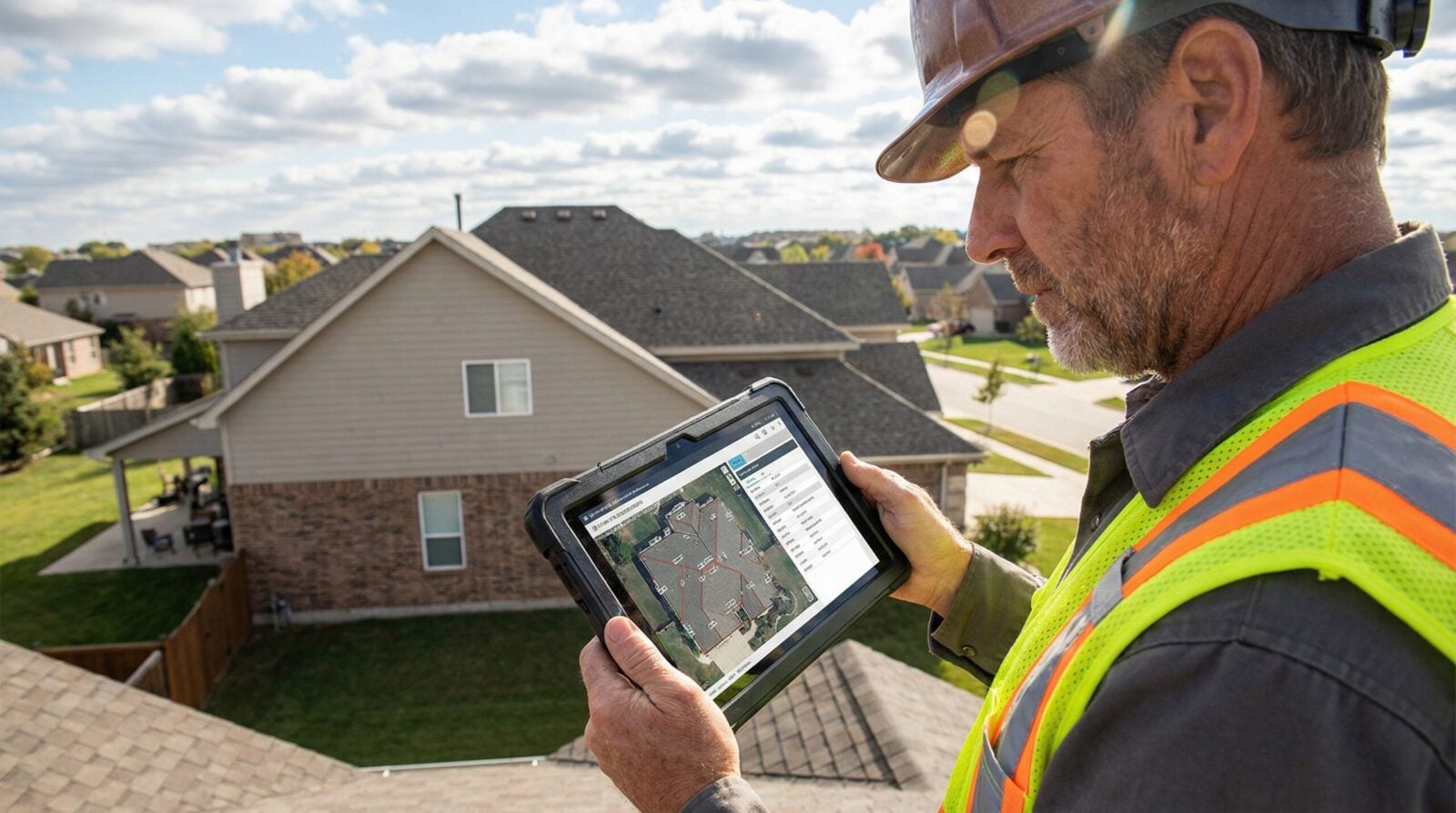 Professional roofer using technology for documentation during inspection
