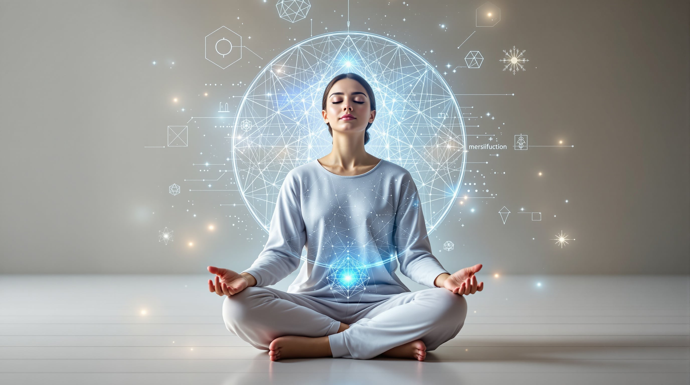 Žena u meditaciji okružena digitalnim geometrijskim obrascima koji simbolizuju povezanost svesti i tehnologije