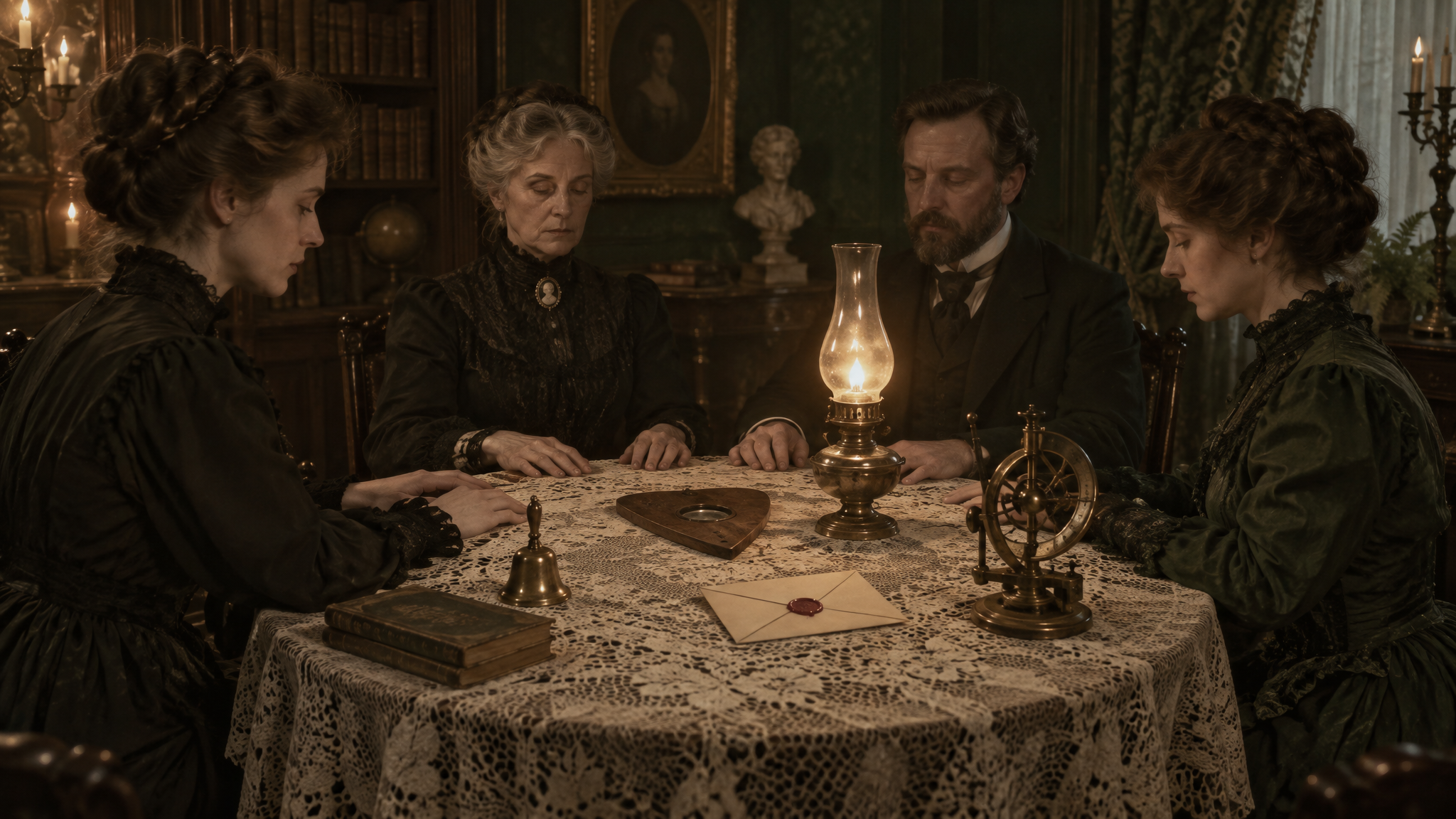 A round séance table with a planchette under low candlelight