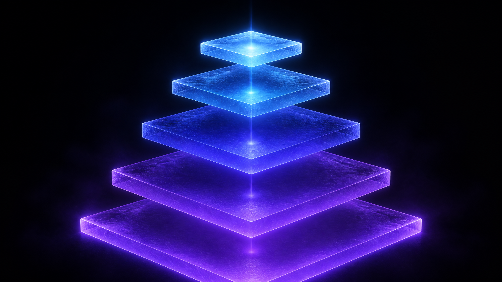 A five-tier pyramid built from stacked frosted glass slabs floating in the dark, the widest base slab glowing bright violet and each tier above it narrower and cooler, rising to a pale blue peak