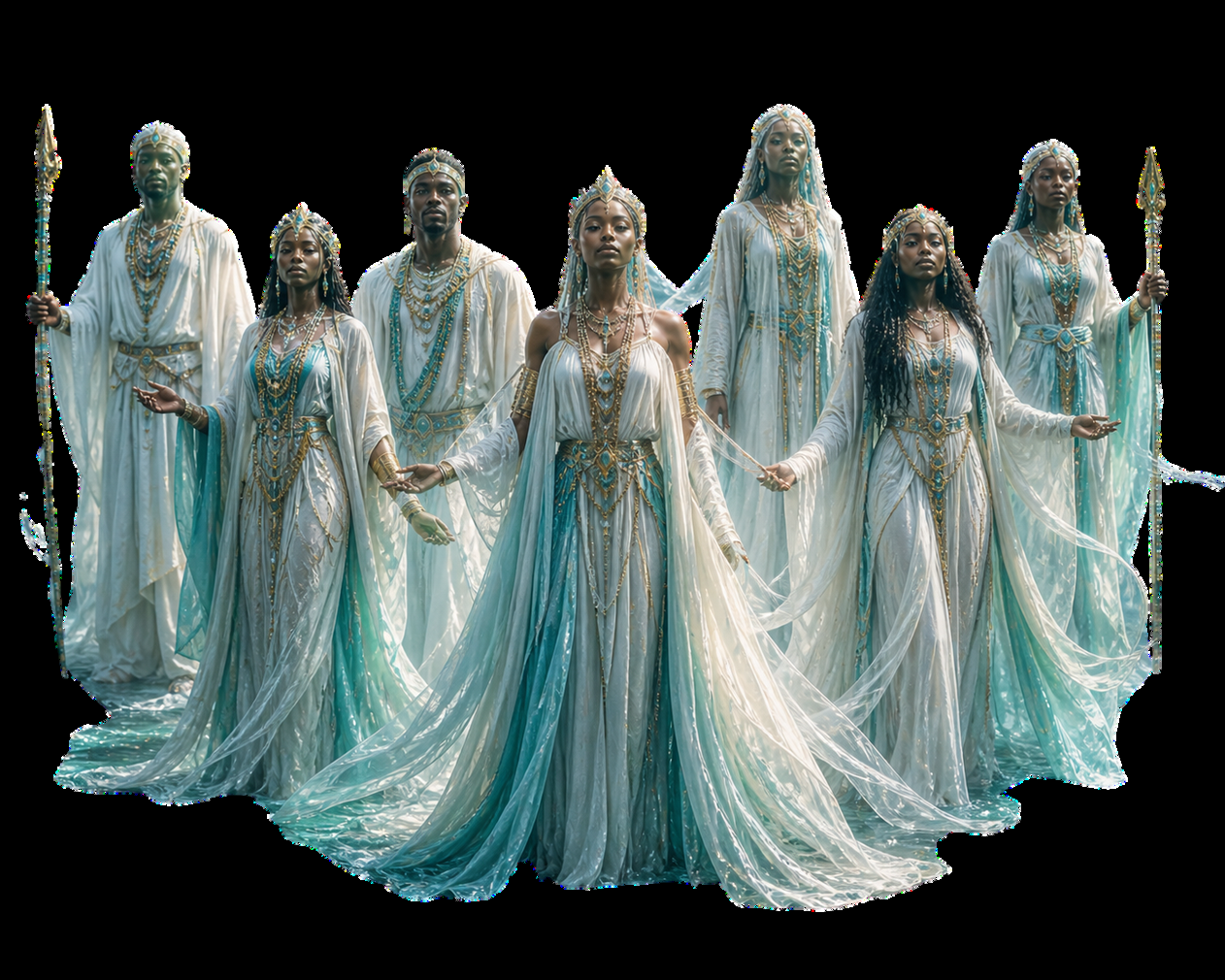 Ensemble cast of Onoja Oboni The Musical in ethereal ceremonial robes
