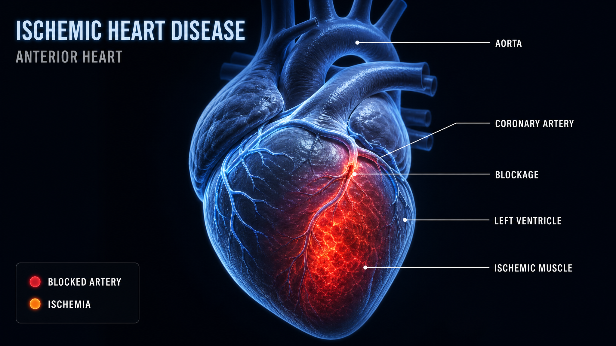 Anterior heart diagram showing a blocked coronary artery and ischemic muscle
