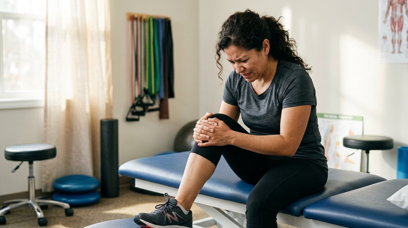A woman veteran holding both knees on a therapy table