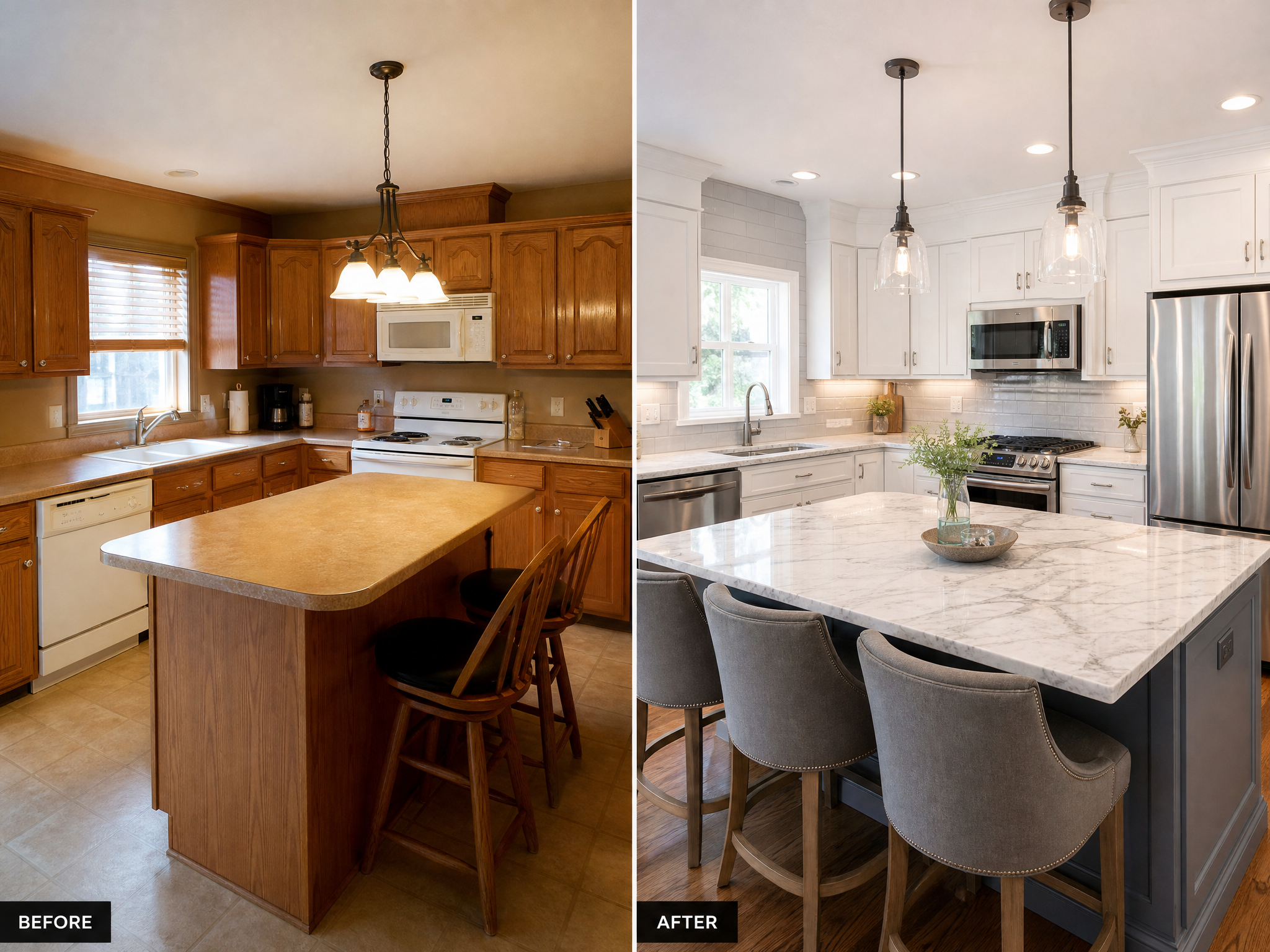 Stunning kitchen transformation with premium marble countertops and tile backsplash