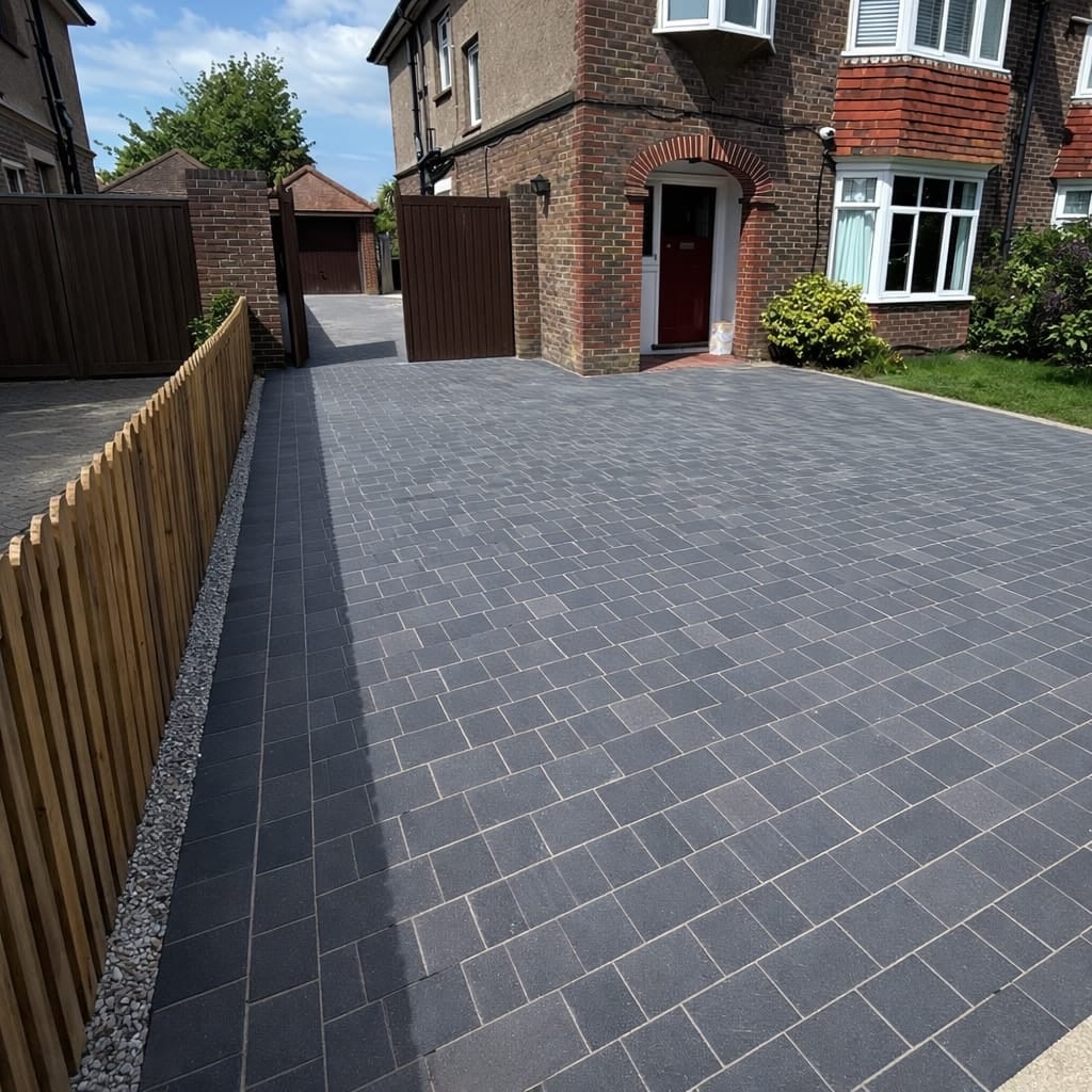 Aged charcoal block paving with traditional pattern