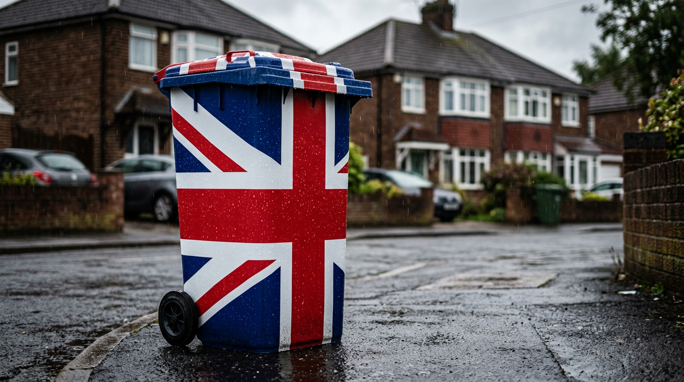 Union Jack wrapped wheelie bin glistening in the rain