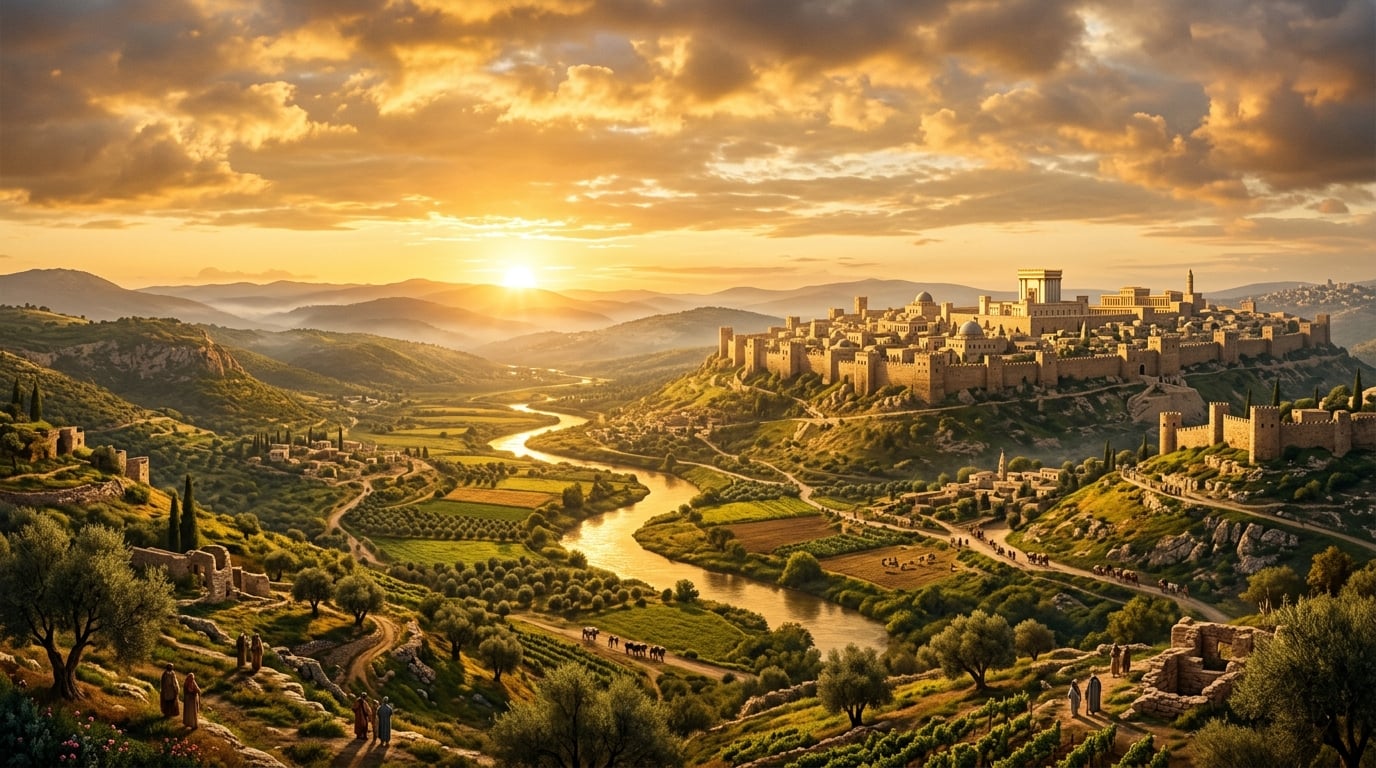 Majestic Kingdom landscape at golden sunrise