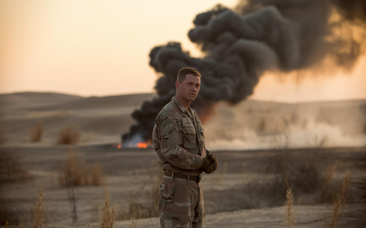 A soldier silhouetted near thick smoke from a burn pit in a desert deployment, conveying toxic exposure