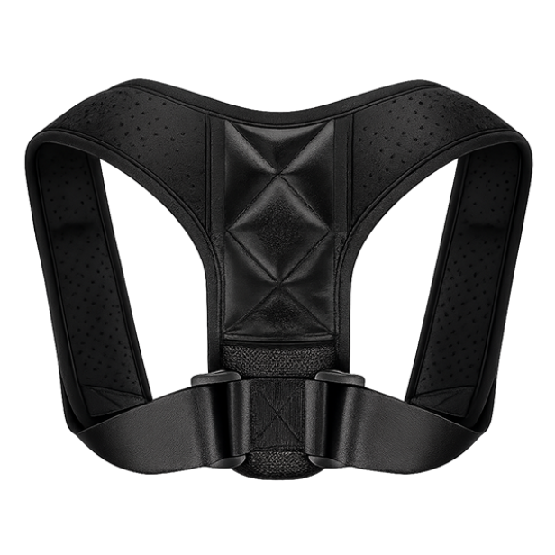 Black adjustable posture support harness shown from the front