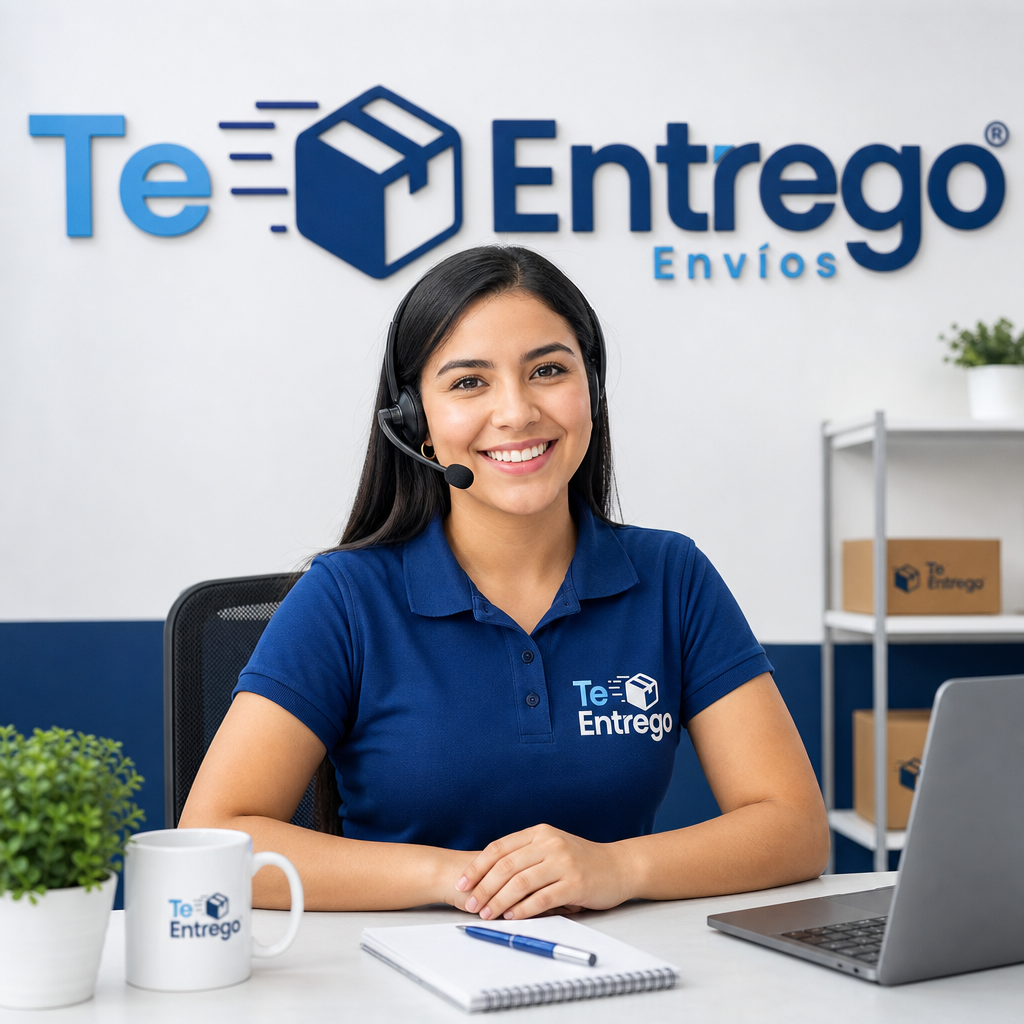 Agente de atención al cliente de Te Entrego con uniforme azul y logo en la pared