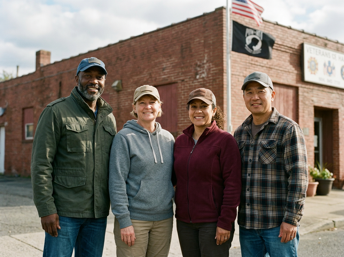 A group of post-9/11 veterans standing together outside a veterans hall