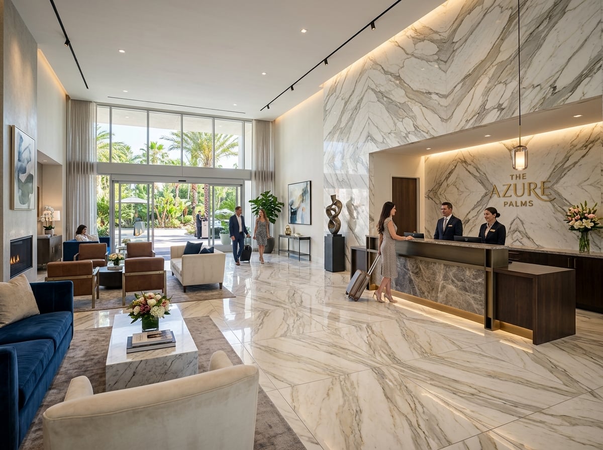 High-end hotel lobby entrance with stunning large-format tile flooring and feature wall