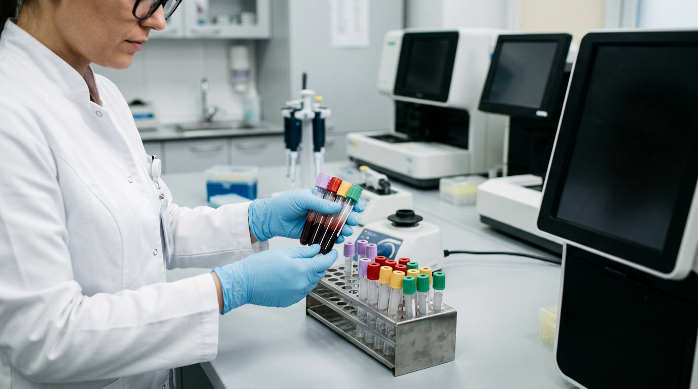 Gloved laboratory technician handling unlabeled blood sample tubes during a diagnostic workup