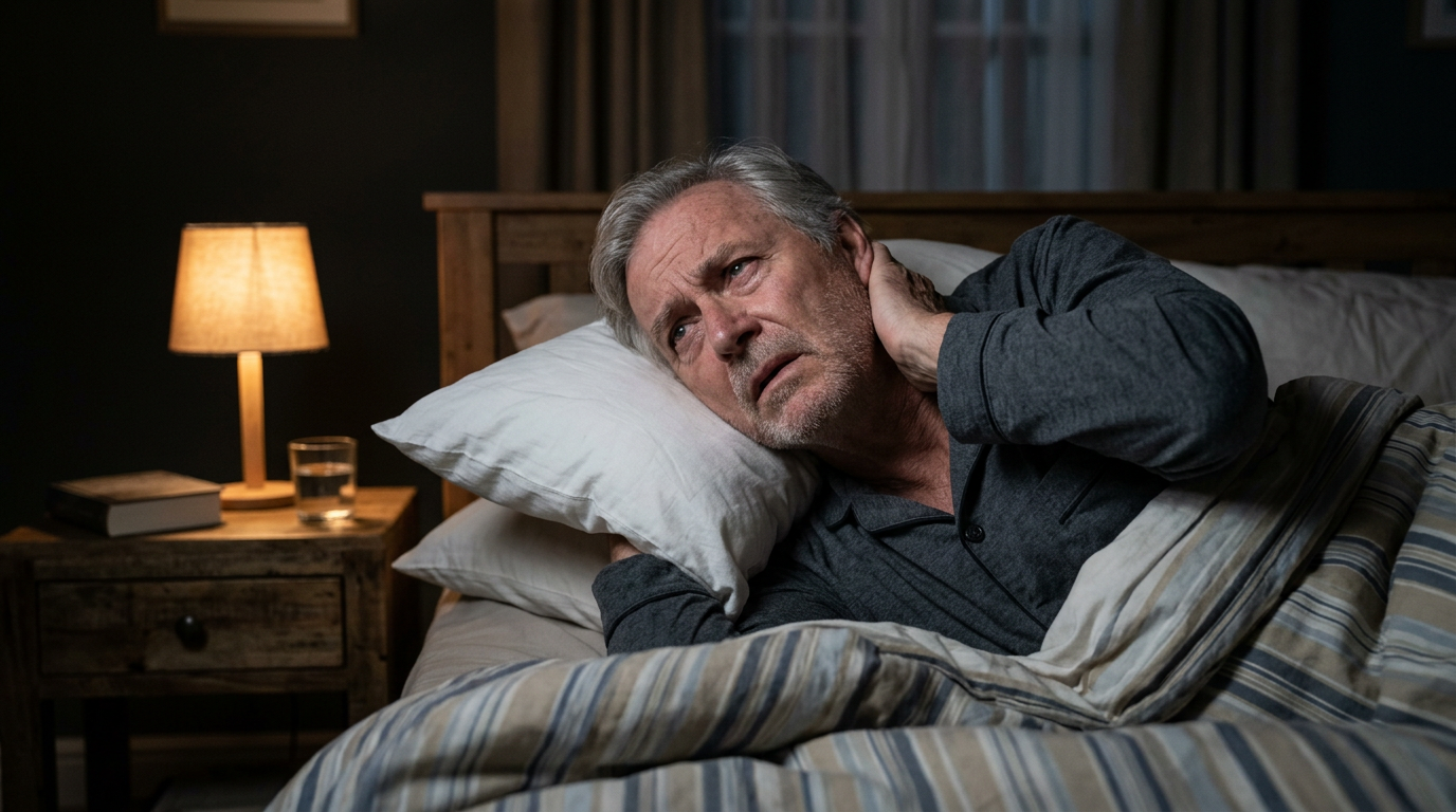 An older white man lying awake at night, unable to rest the back of his head on the pillow, cradling the base of his skull